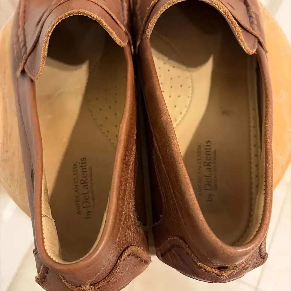 American Classic by DeLaRentis Brown Leather Penny Driver Loafers Men's Shoes